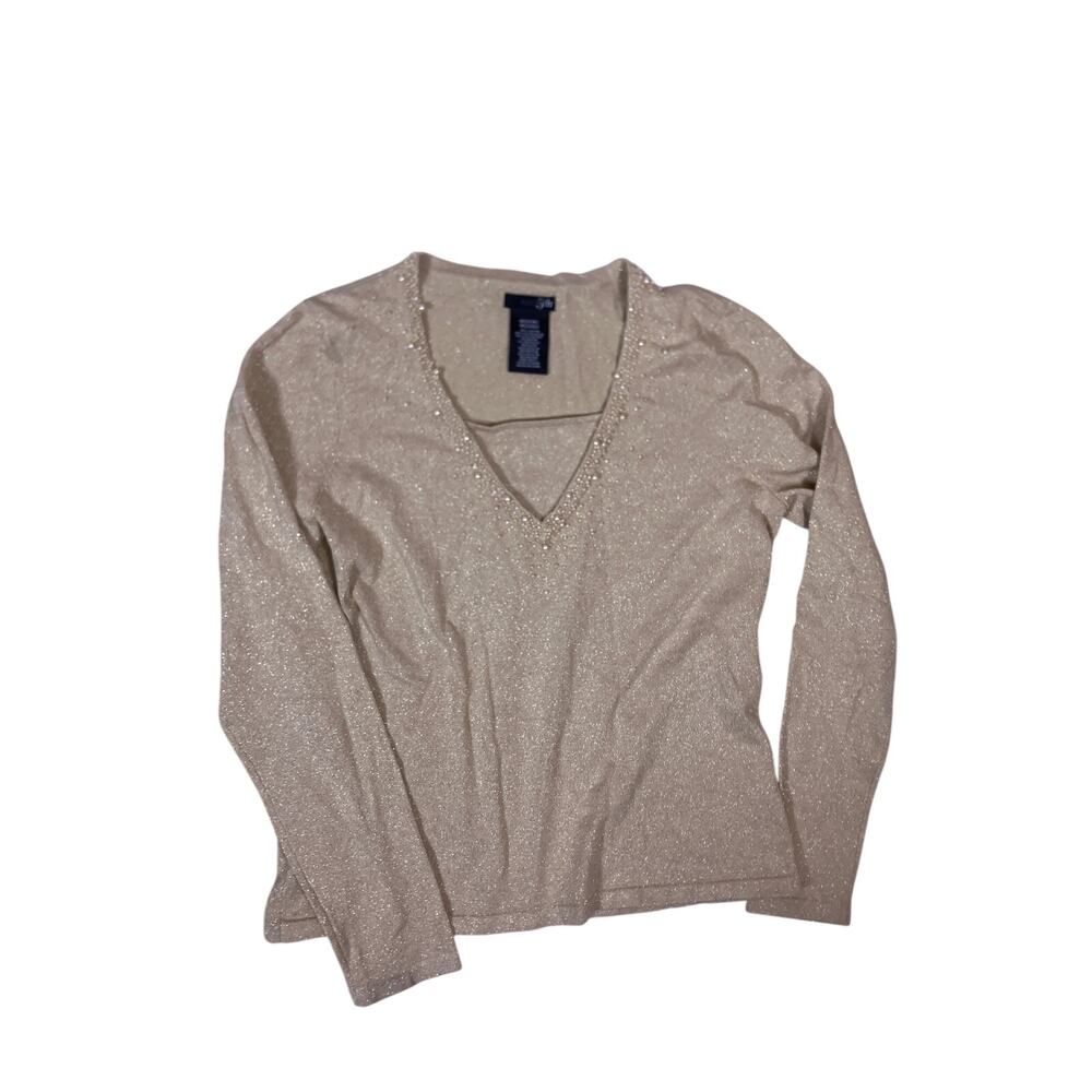 East 5th Creamy Gold Sparkly Sweater Pearl Collar V Neck Womens Medium